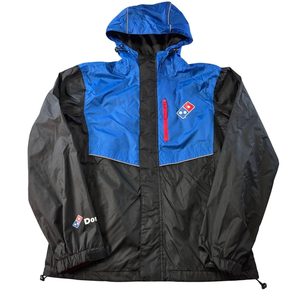 Domino's Jacket Mens S Blue Windbreaker Hooded Lined Pockets Reflective